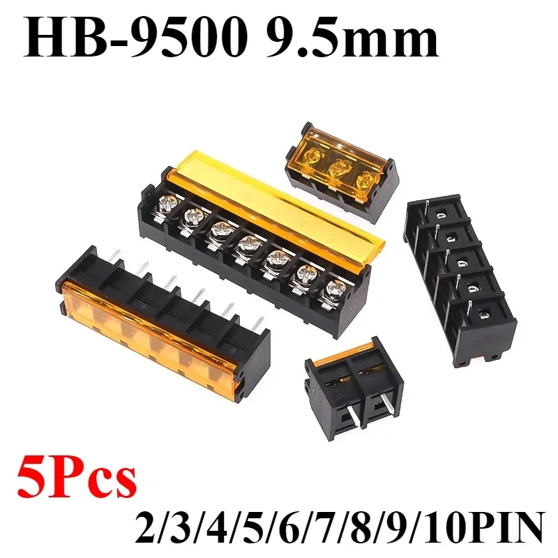 5pcs HB-9500 9.5mm Barrier Terminal Block 2P-10P with Cover PCB Mount 300V 30A Screw Terminal