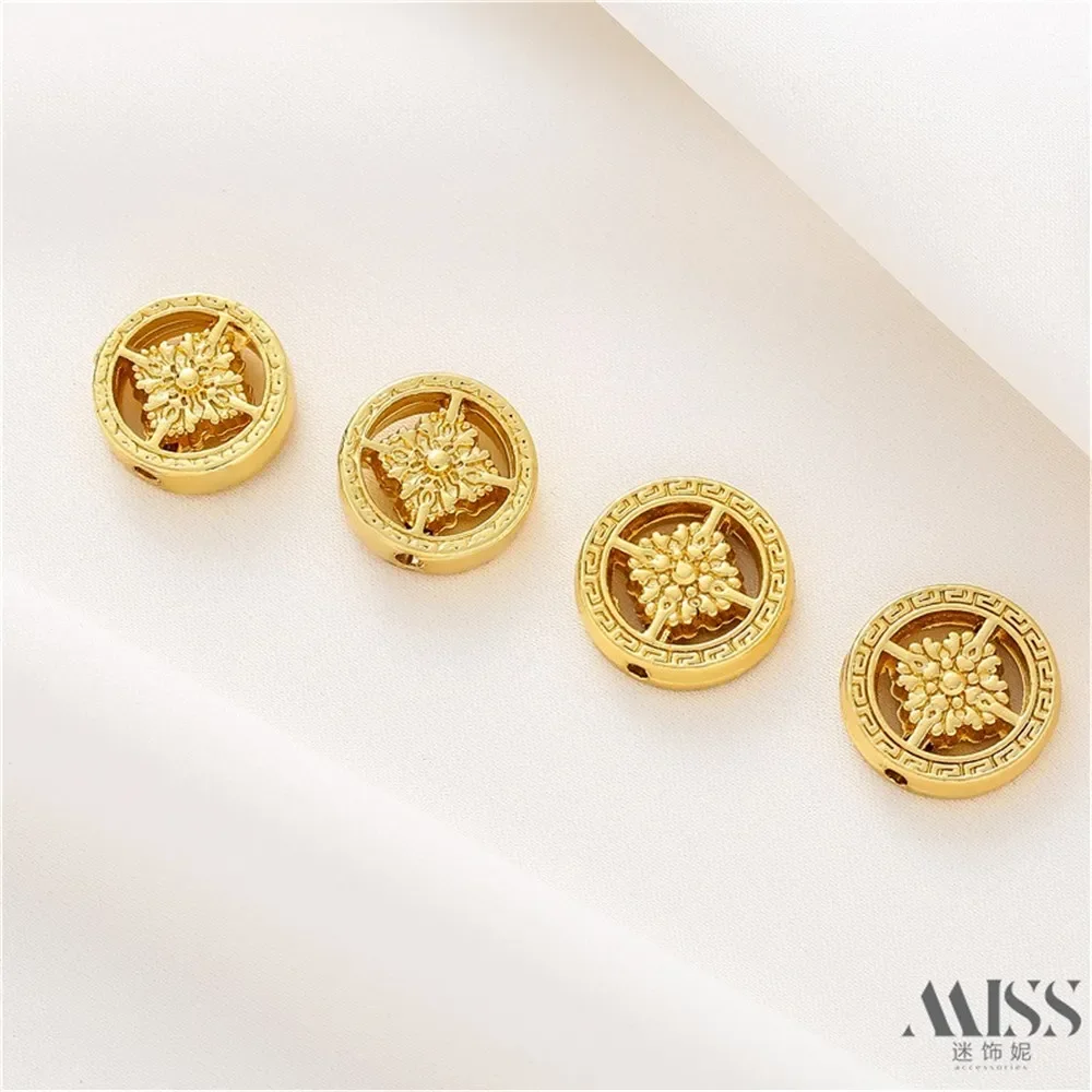 18K Gold-wrapped Double-sided Four-leaf Pattern Round Beads DIY Accessories Handmade Chains Jewelry Materials
