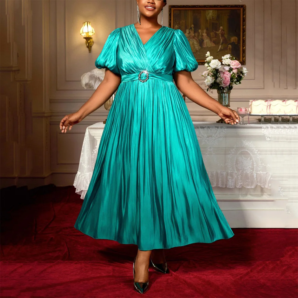 

Luxury Vintage Dresses for Woman V Neck Short Sleeve Belt Waisted Pleated Ankle Length Elegant Ladies Birthday Party Dinner Robe