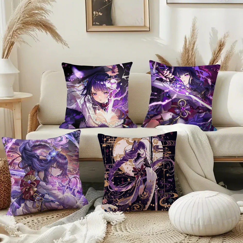 Genshin Impact Raiden Shogun Pillow Case Square Double-Sided Printing Sofa Cushion Cover Pillowcase Bedroom Bedside