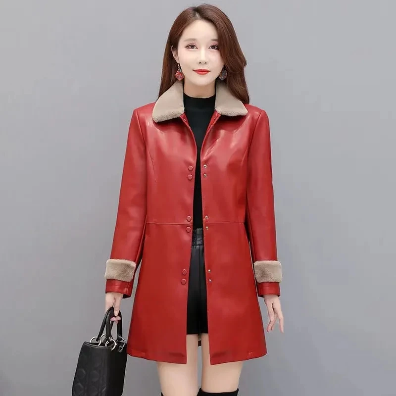 2024 New Winter Plus Velvet Thick Warm Faux Leather Jackets Trench Coat Female Fashion Women Long Leather Jacket Coats