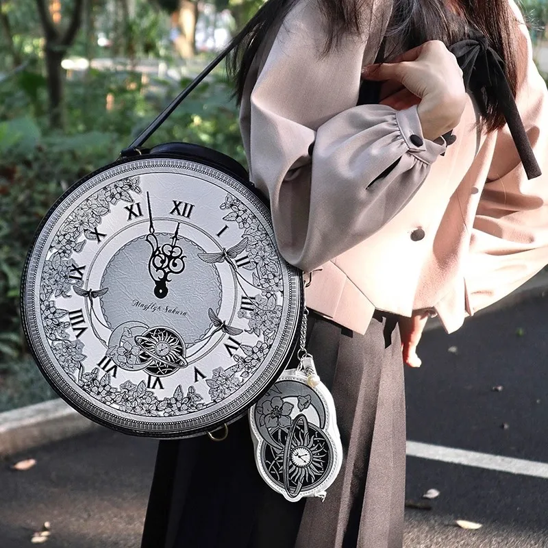 JIAERDI Retro Harajuku Clock Design Handbag Women Chain Lolita Print Round Shoulder Bags Ladies Large Capacity Uniform Backpack
