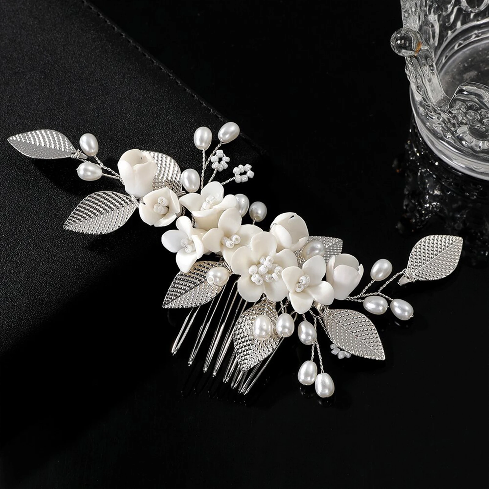 أنيقة زهرة بيضاء أمشاط الشعر الذهب/الفضة اللون سبائك ورقة دبابيس الشعر اللؤلؤ الاصطناعي العصابات الشعر العروس الزفاف الشعر مجوهرات #4