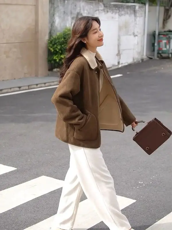 

Winter Thickened Suede Short Coat Vintage Straight Leg Lamb Fur Jacket Two-Way Wear Reversible Leather And Fur Collar Women's...