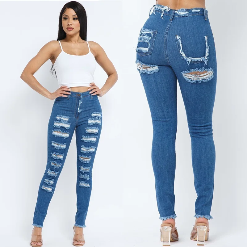 

Sexy Ripped Jeans Women Summer Elastic Casual Pants l Waist Long Trousers Denim Fabric Zipper Closure Light Color