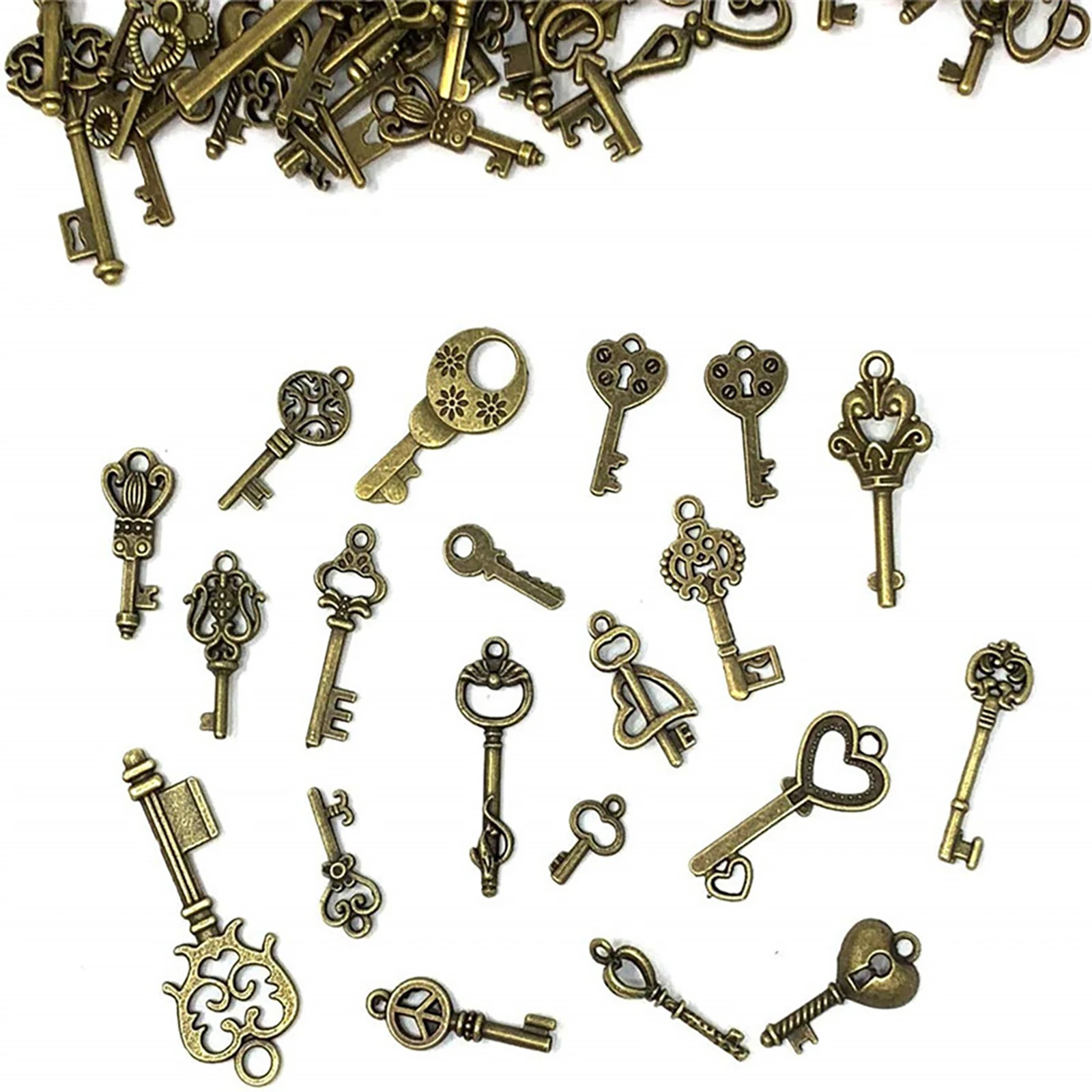 125Pcs/Set Old Look Antique Vintage Bronze Ornate Skeleton Keys Lot Necklace Pendant Fancy Heart Decor DIY Necklace Craft Gifts