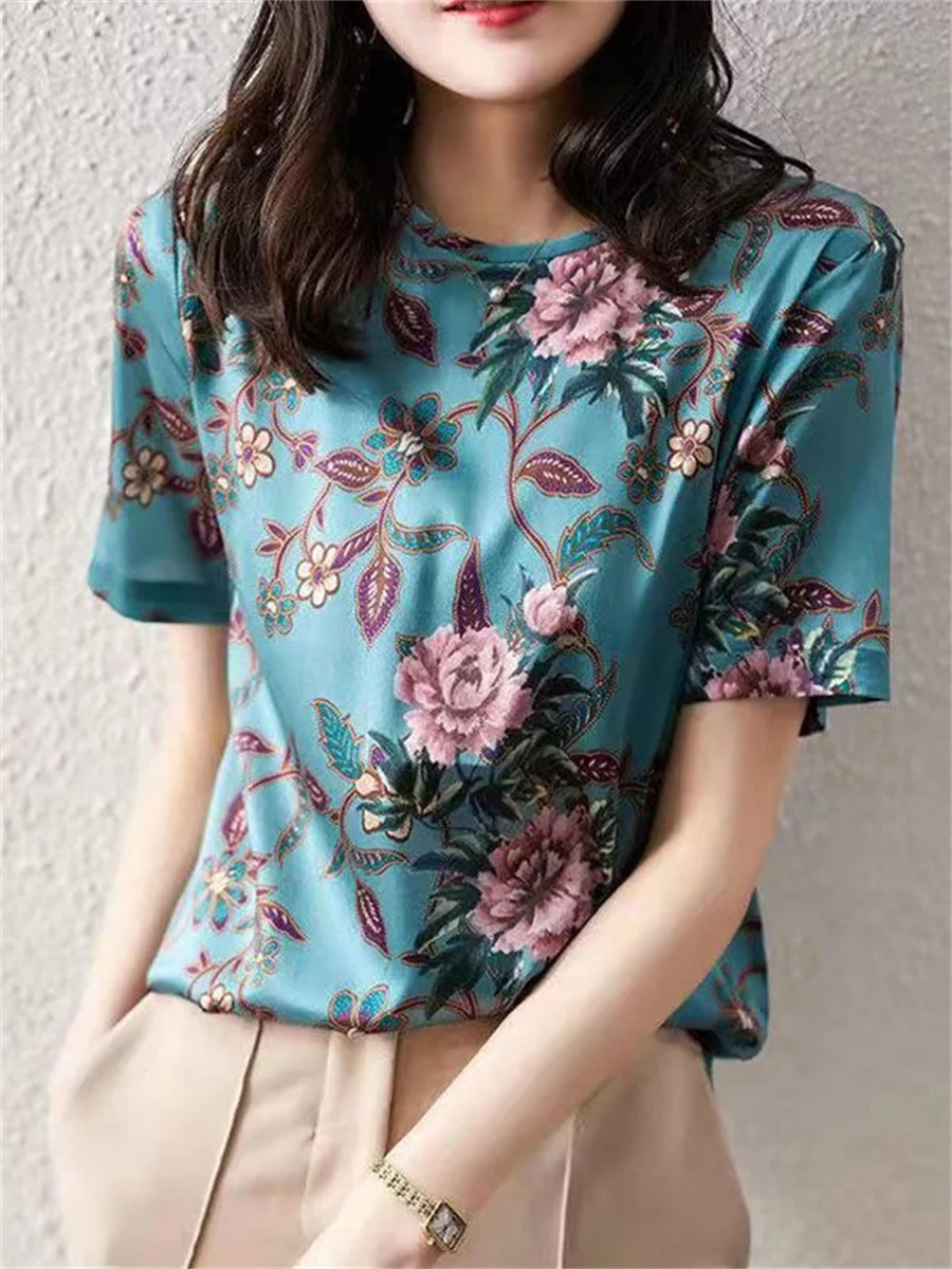 

Woman Summer Style Blouses Tops Lady Casual Short Sleeve O-Neck Flower Printed Loose Blusas Tops ZZ1447