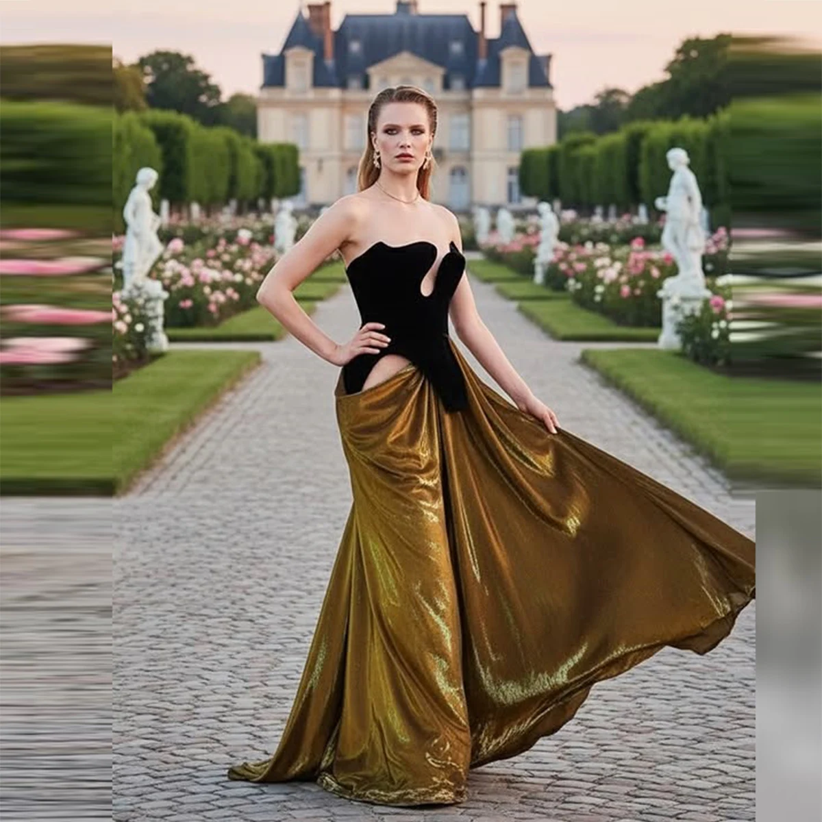 

Black And Gold A Line Evening Gowns Strapless Cut Out Floor Length Prom Dress Elegant Women Formal Party Dress
