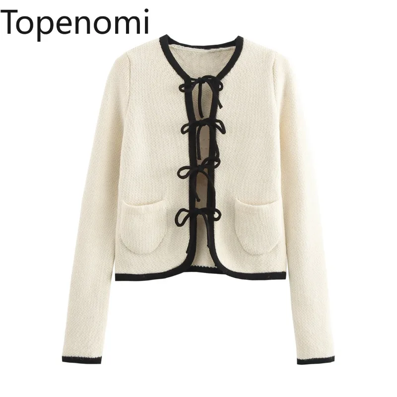 Topenomi Cardigans Women Autumn Winter Rounn Neck Bow Lace Up Contrast Color Sweater Coat Retro Elegant Slim Short Knitted Tops