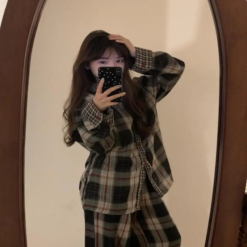 Conjunto de pijamas para mujer, pijamas cálidos de invierno para mujer, ropa navideña a la moda para el hogar, pijamas, conjunto de pijama lindo y suave con rejilla