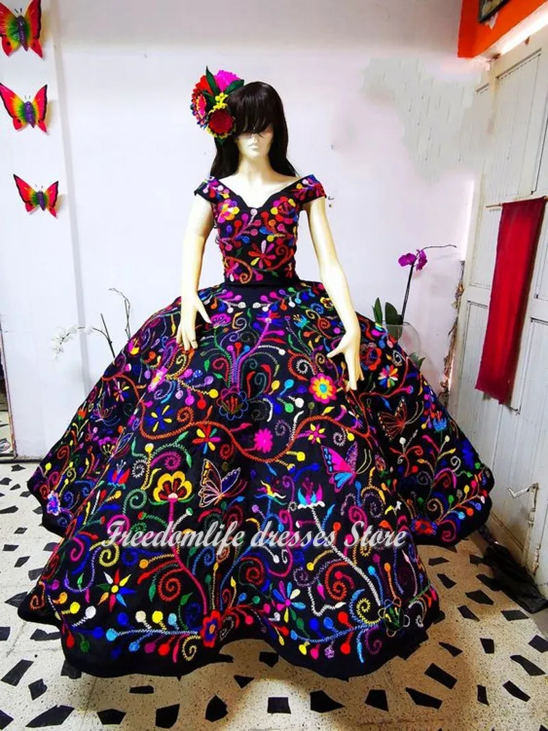 Gaun Mewah Charro Quinceanera Bordir Vestidos De 15 Años 2022 Manis 16 Gaun Ulang Tahun Buatan Khusus Meksiko XV