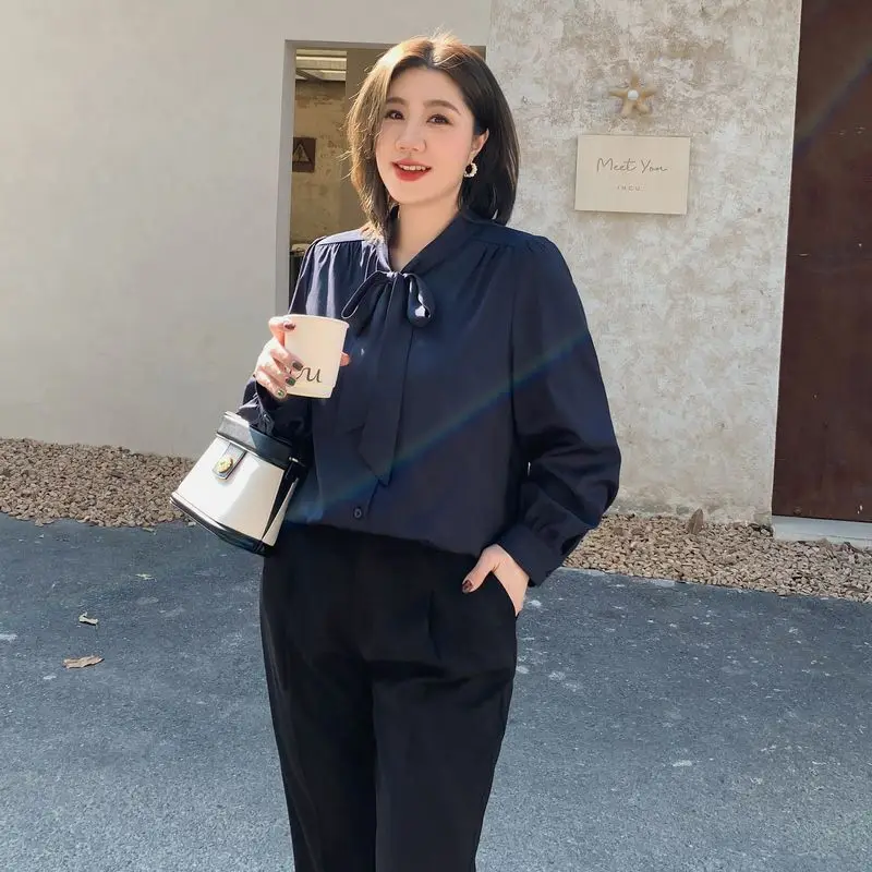 플러스 사이즈 통통녀 셔츠, 프렌치 스타일 루즈핏 살코기, 코디하기 쉬운 슬림 라인 셔츠, 2024 용수철 신상