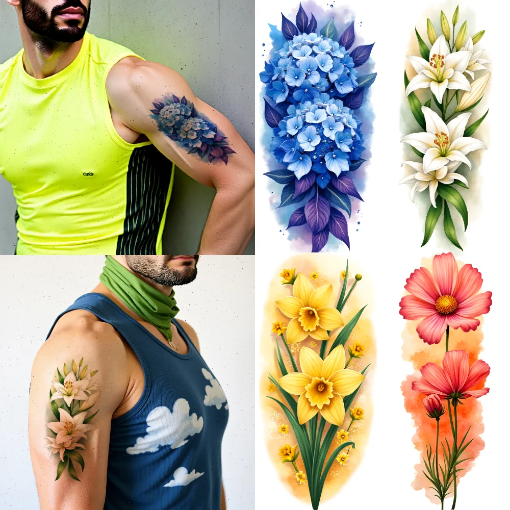 

3pcs Temporary Tattoo Flower Patterns Realistic Temporary Tattoos Floral Designs Colorful Realism For Back Thighs Adult
