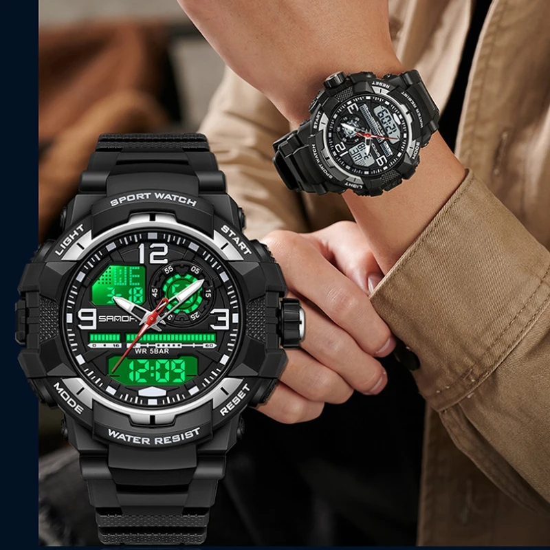 

SANDA 6130, брендовые спортивные часы для альпинизма, водонепроницаемые часы-будильник, ночник, электронные часы с двойным дисплеем для мужчин