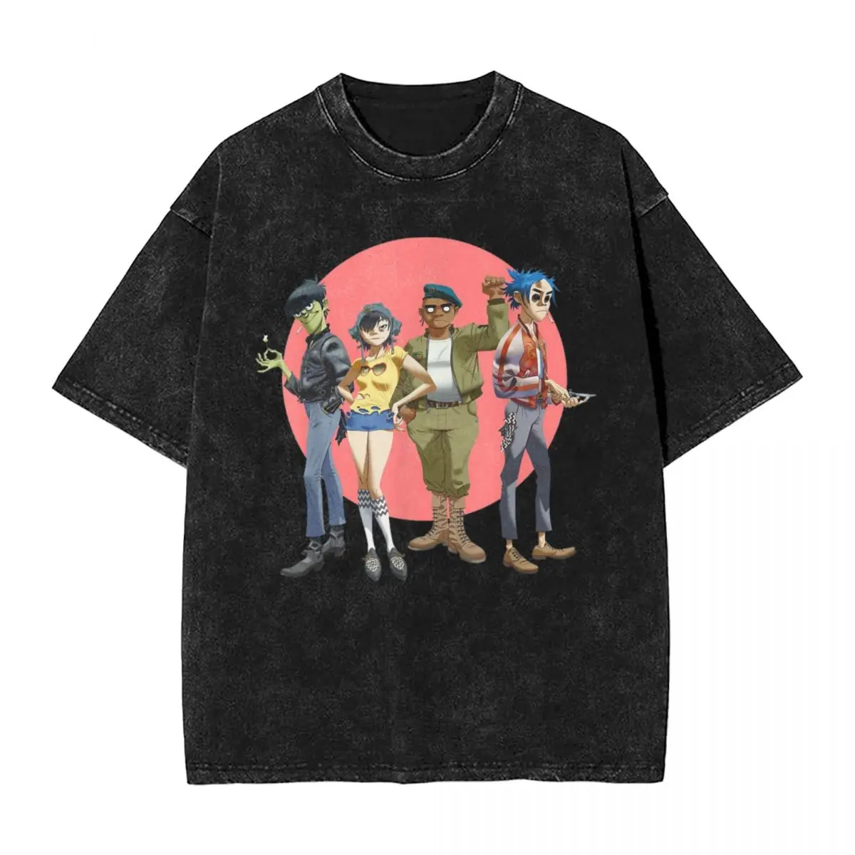 Gorillaz Group Circle Washed T Shirt Streetwear Hip Hop Vintage T-Shirt Music Band Punk Rock Y2K Tee Men Women Cotton Harajuku