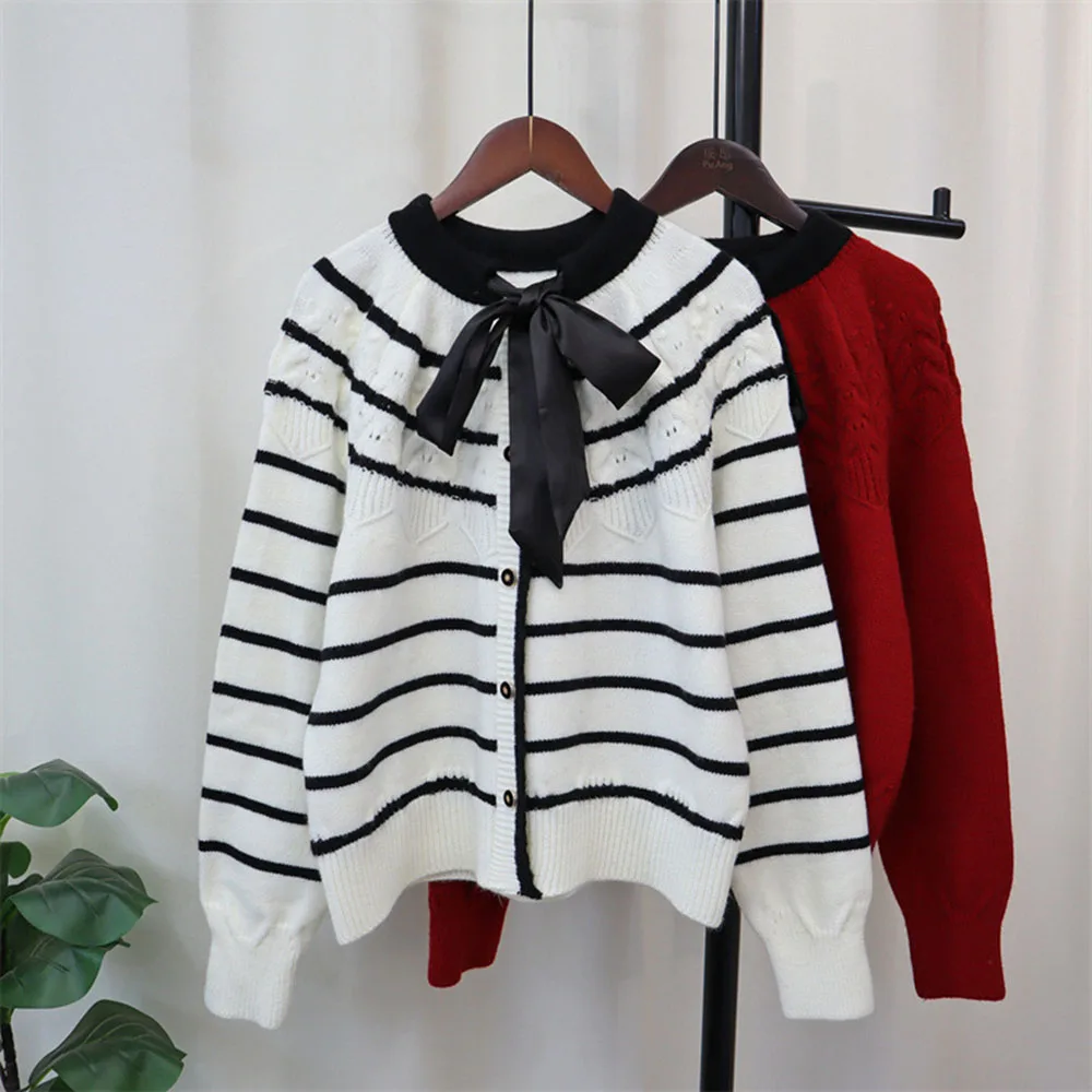 

Spring Autumn Knitted Sweater Women's Sweet O-Neck Lace Up Bow Design Cardigan Single Breasted Long Sleeve Versatile Sweater