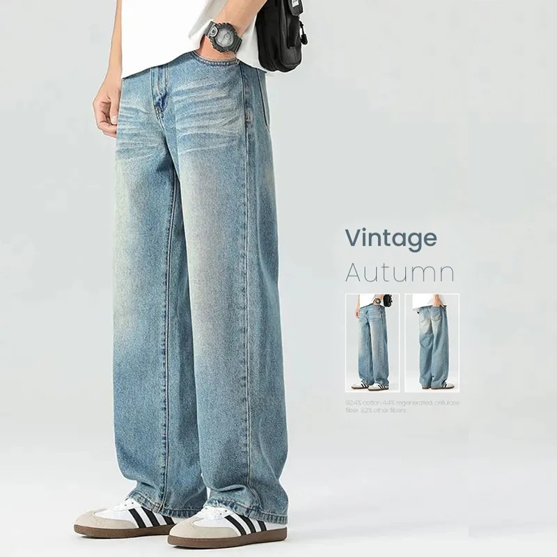 

Autumn Men's Clothing Jeans New Vintage Straight Distress Personality Korean Loose Trousers Male Casual Student Denim Pants