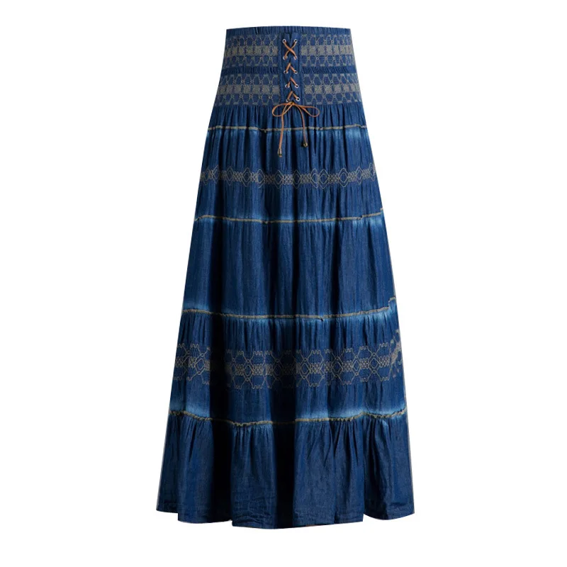 Jeans Skirts Women\'s Denim Maxi  Elastic High Waist Party Solid 2022 Long Summer Skirt Pleated Jupe Vintage Femininas Ropa Mujer