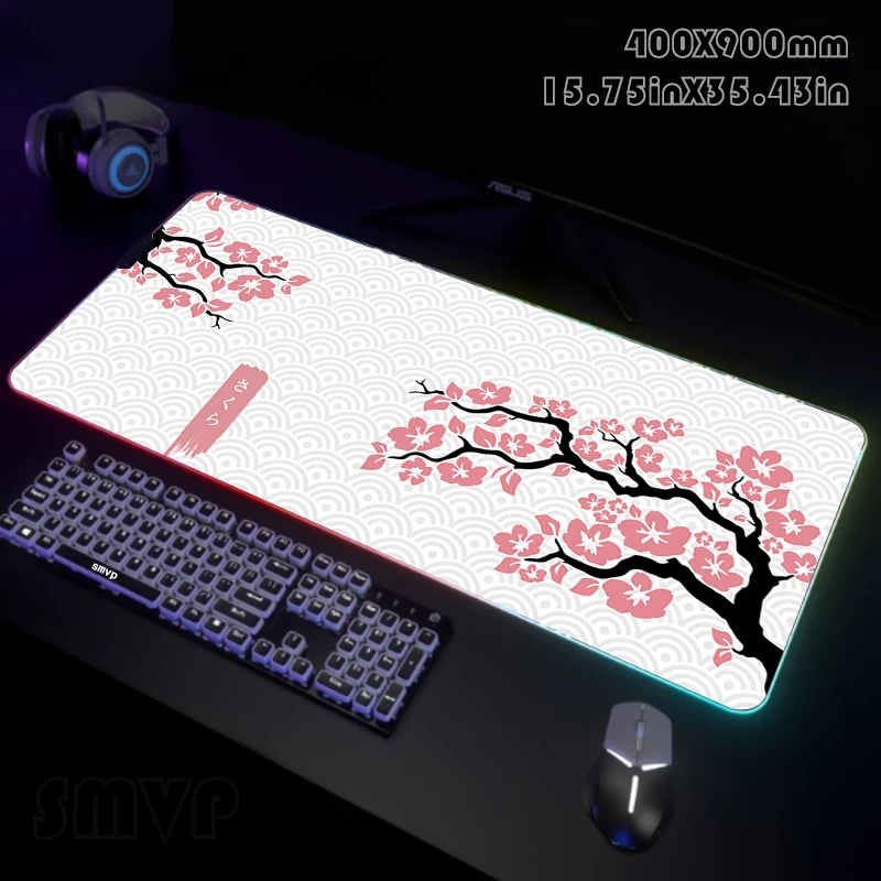 

Дизайнерский RGB коврик для мыши Sakura, большие игровые коврики для мыши, подставки для мыши, Большие эргономичные коврики для клавиатуры с подсветкой