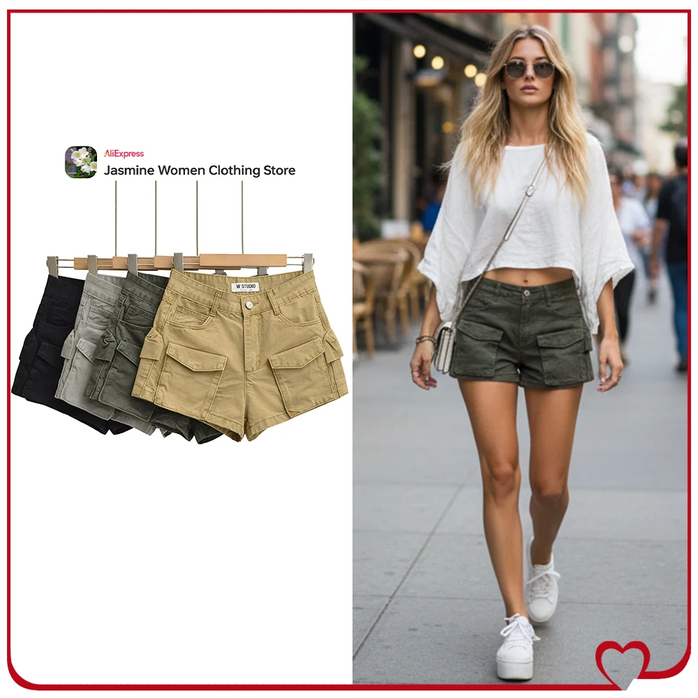 

New in Vintage Multi-Pocket Denim Shorts for Women Summer Cargo Shorts with Front Flap Pockets Hot Girl's Fashion Denim Bottoms