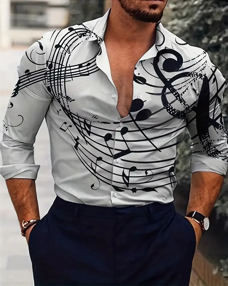 Camicia casual con risvolto a maniche lunghe da uomo stampata in 3D con motivo a nota musicale, adatta per la primavera e l\'autunno, regalo da uomo