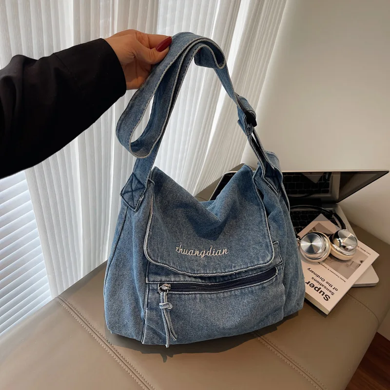 

Distressed Denim Tote Bag with Floral Embroidery, Asian Inspired Shoulder Purse, Boho Crossbody Bag in Messenger Style
