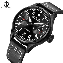 Luxury Brands PETER LEE Automatic Movement Mechanical Pilot Watches For Man Elegant Luminous Aviator Leather Male Gifts Watch