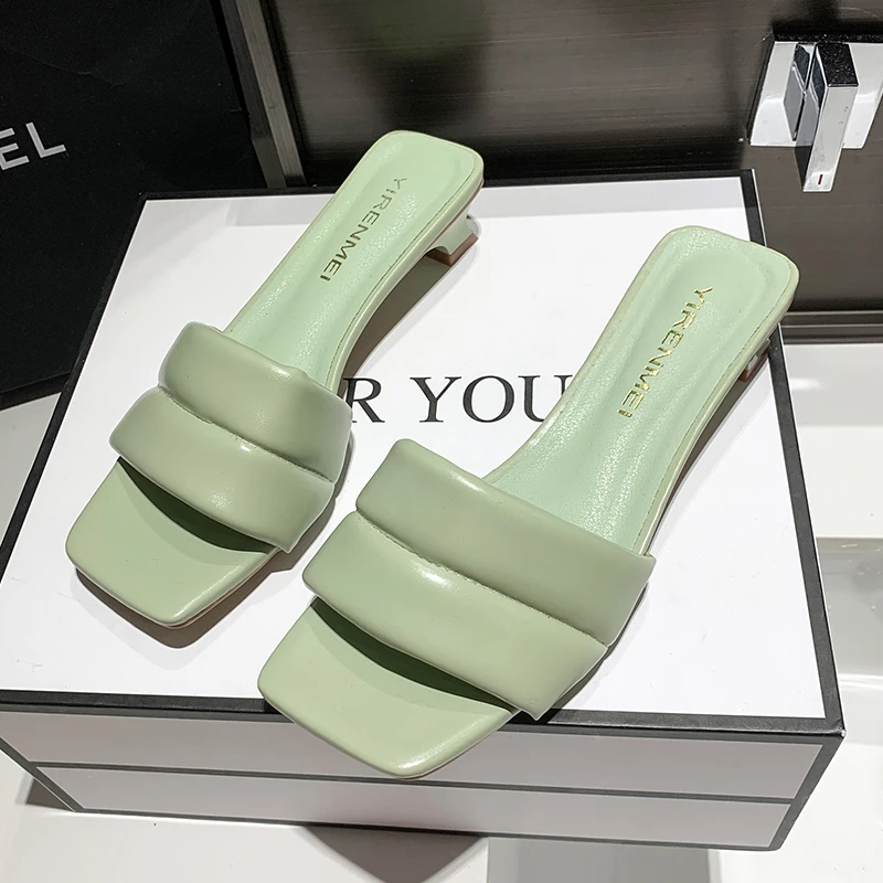 Korean Style Fashion Small Fresh Green Womens Slippers Square Toe Low-heeled Slides Simple Open-toe Outdoor Casual Sandals