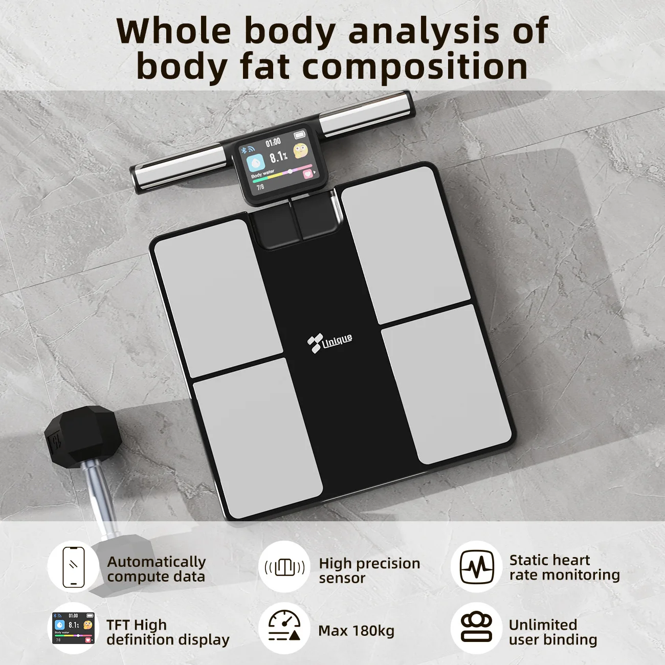 Eight-electrode Bluetooth WiFi body fat scale, home fitness smart scale, TFT color screen electronic scale, 180kg