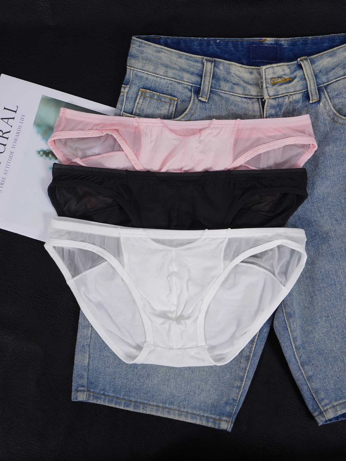

3PCS Men's See Through Modai Breifs U Convex Pouch Transparent Waistband Breathable Fashion Underwear