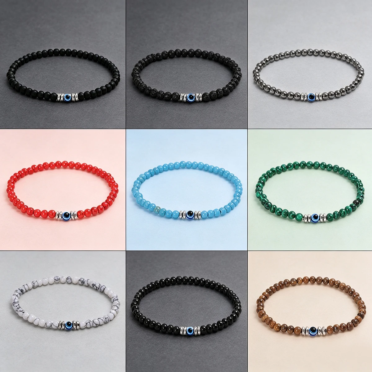 4mm Evil Eye Beaded Bracelets, Green Malachite, Yellow Tiger Eye & White Turquoise Stackable Matching Bracelets for Couples