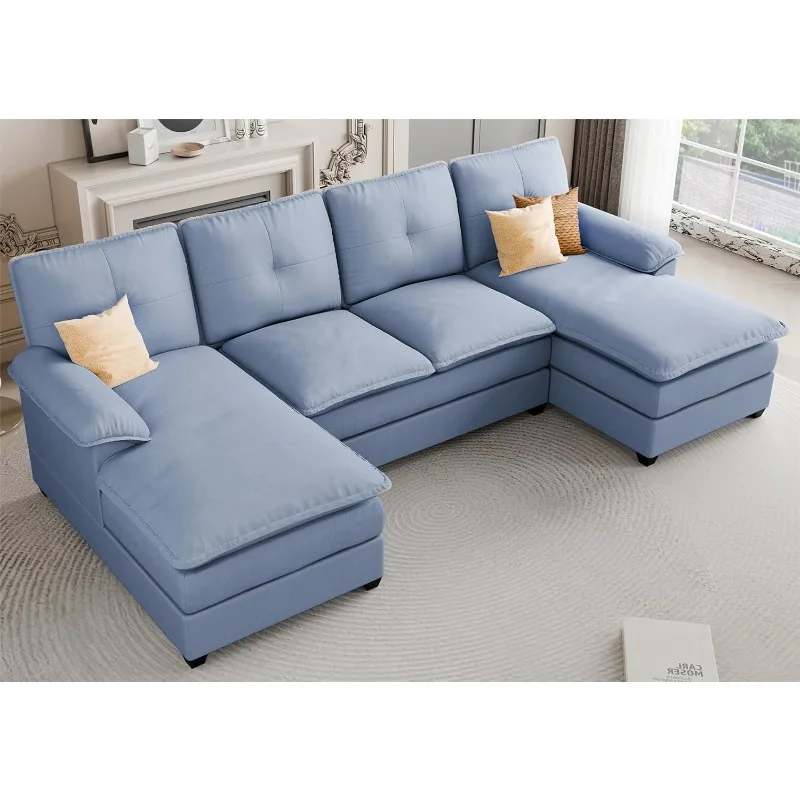 Living room sectional sofa, U-shaped sofa 4-seater sofa set with double armrest, modern fabric sectional sofa set for apartment