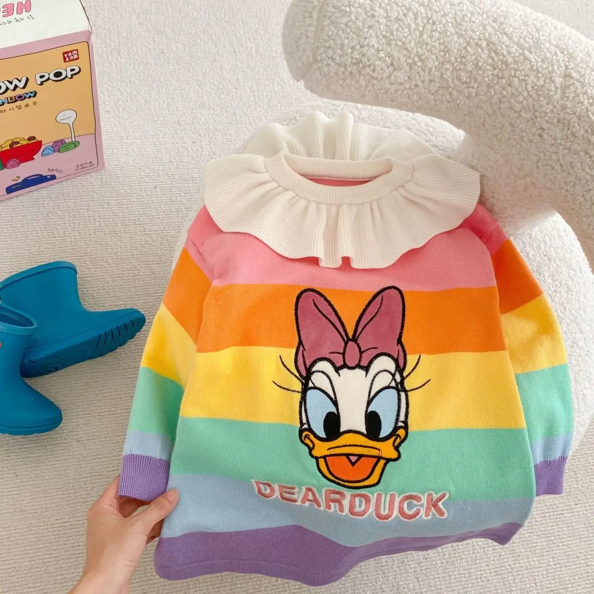 

Милое платье с кукольным воротником в радужную полоску для девочек от 2 до 8 лет, весенне-осеннее модное милое детское платье с принтом мультфильмов Диснея