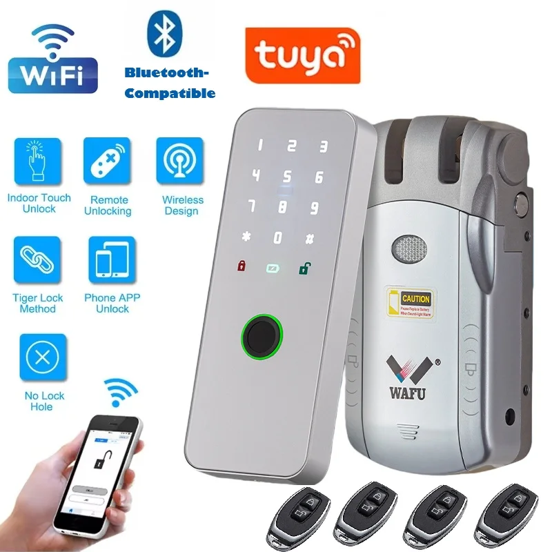 WAFU 010 قفل إلكتروني ذكي واي فاي التحكم عن بعد بصمة كلمة المرور فتح قفل الباب غير مرئي بدون مفتاح للسلامة المنزلية