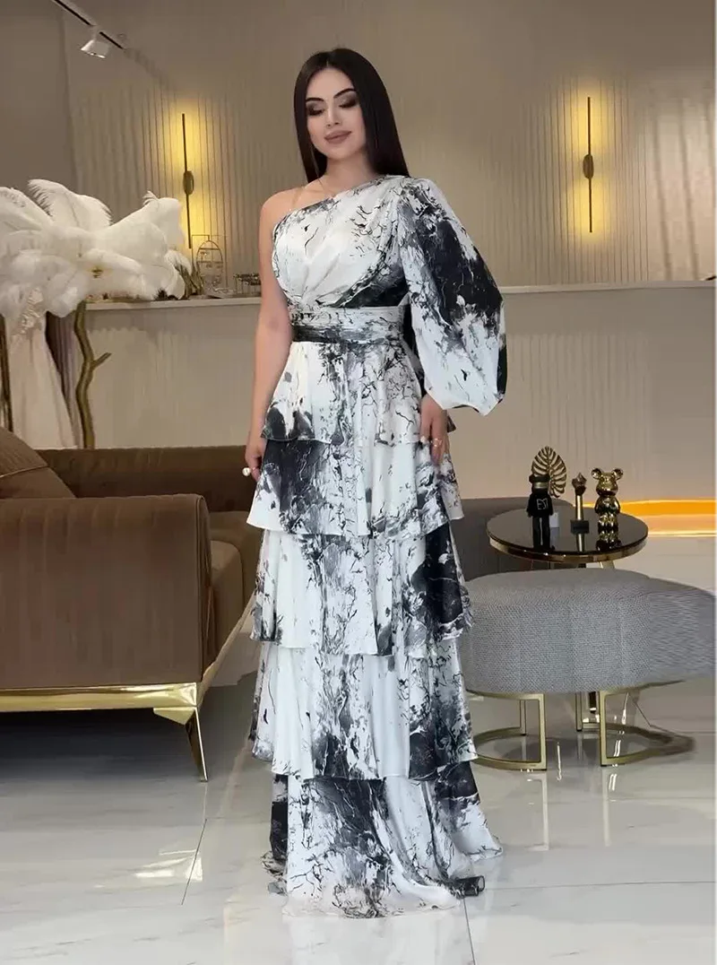 2026 nova impressão mulher camadas vestido de festa um ombro mangas compridas cintura fina elegante maxi vestidos imagem real