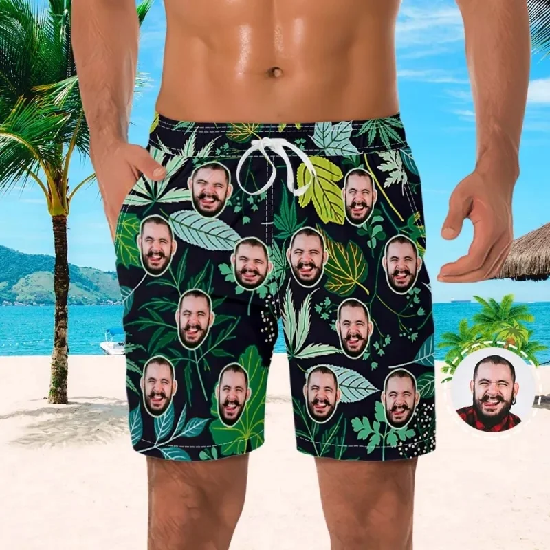 

3D Printed Customized Portrait Short Pants For Men Leaves Pattern Swim Trunks Casual Swimwear Beach Sports Surf Board Shorts
