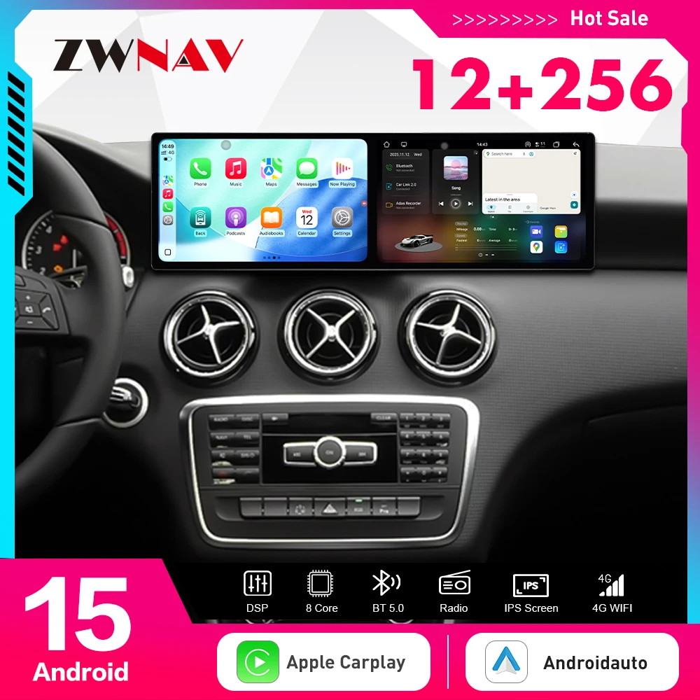 9.1 Inch Dual Screen Car Radio Android 15 GPS Navi Multimedia Player For Mercedes Benz A-Class GLA X156 2013-2015 Head Unit