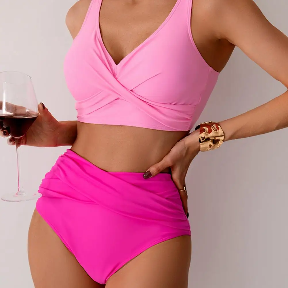 2Pcs/Set Women Bikini Set Deep V-Neck Padded No Wire Bra High Waist Swimming Trunk Set Solid Color Split Design female Beachwear