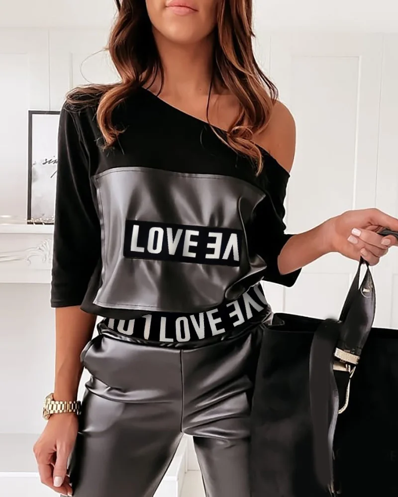 Spring Autumn Women\'s Letter Print Suit Set 2023 Femme Casual Long Sleeve One Shoulder Top & PU Leather Pants Set Ladies Outfit