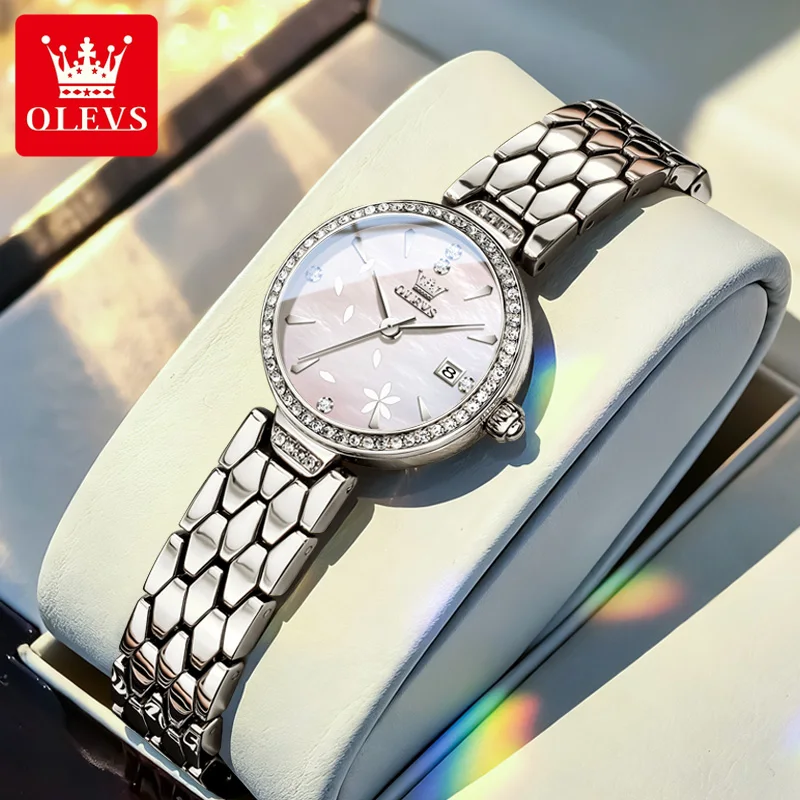 OLEVS Fashion Women's Quartz Watch Stainless Steel Bracelet Waterproof Casual Wrist Watch Diamond Bezel Women Clock Montre Femme