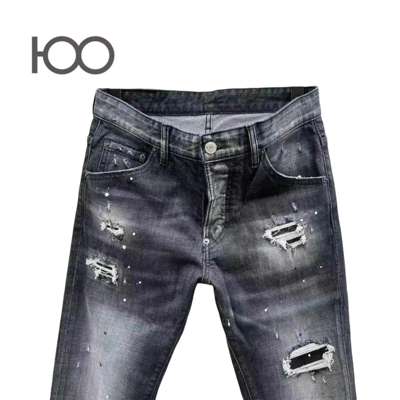 100 Co99 Men's Skinny Jeans Punk Rock Distressed Design Paint Stains Washed Ripped Slim Fit Denim Pants Splashes & Ripped Holes