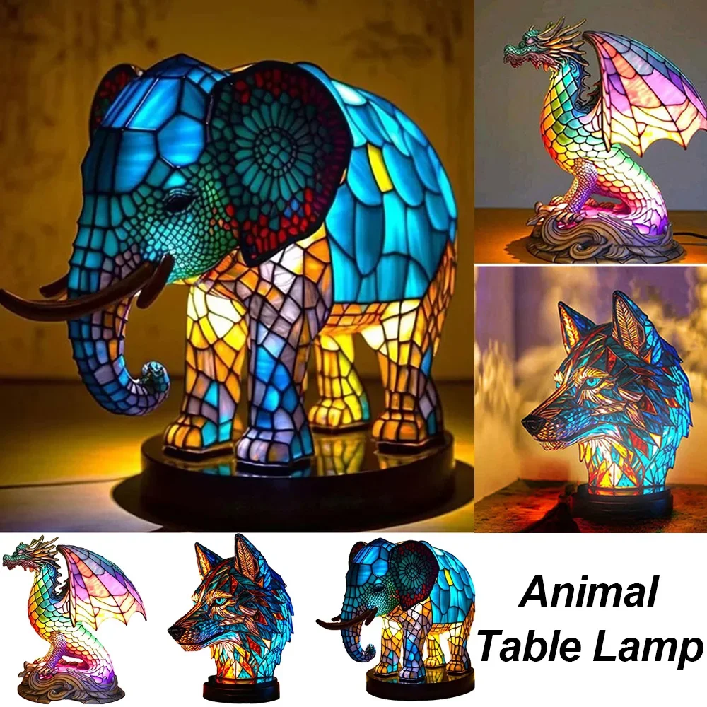 Animal Resin Table Lamp Series Wolf Elephant Bedside Night Light Home Ornament for Living Room Bedroom Office Home Decorations