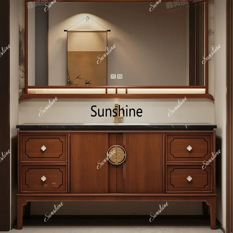New Chinese bathroom cabinet combination rock slab seamless basin washstand floorTJ