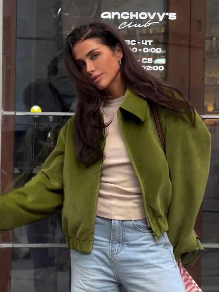 

Leosoxs Women New 2025 Autumn Winter Trendy Retro Green Jackets Velvet Loose Baseball Lapel Jacket Outerwear Coats
