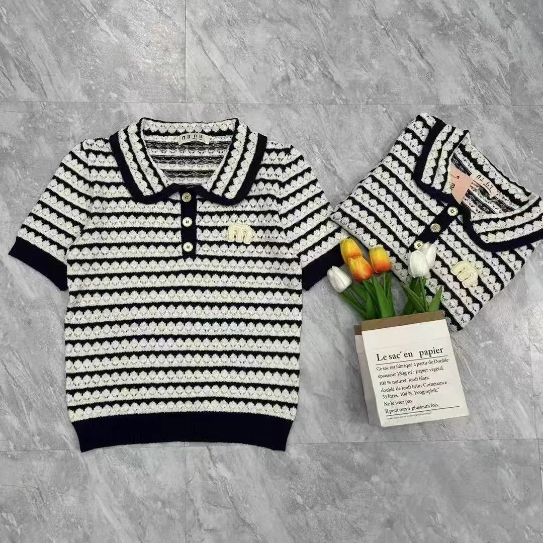 2025 verão listrado camisola de malha camisetas femininas bordadas manga curta vintage moda chique senhoras malhas topos jumpers