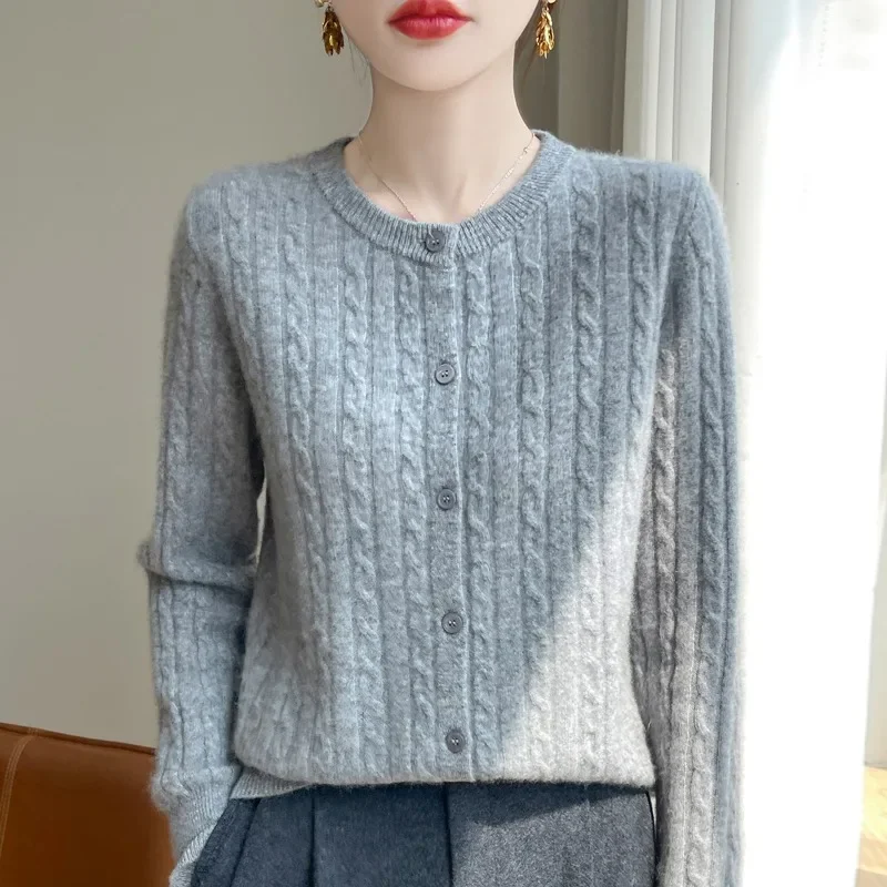 

Women's Knitted Twisted Flower Cardigan Korean O-neck Sweater 2025 Autumn Winter Solid Long Sleeved Single Breasted Tops