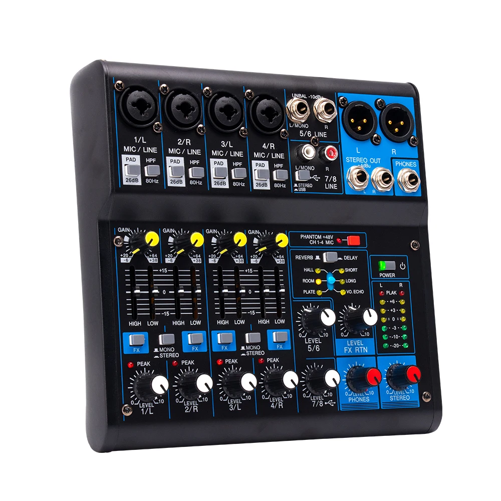 2023 New 6/8 Channel Audio Mixer Portable Sound Mixing Console USB Interface Computer Input 48V Phantom Monitor Audio Recording