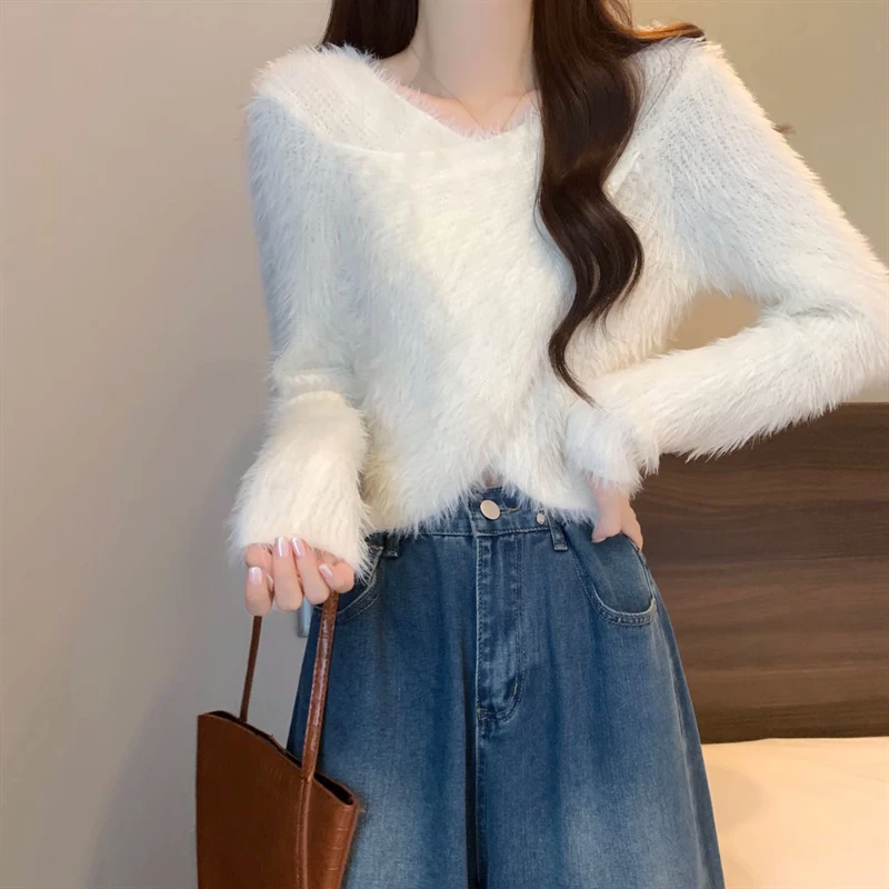 Fluffy Surplice Sweater Pullovers Women Soft Fuzzy Long Sleeve Knit Jumper Pink Crop Sweater Fall Winter Y2K 90s Outfit