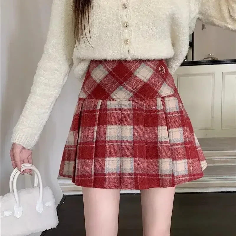 Deeptown Plaid Wool Skirt Vintage Kawaii Sweet Korean Fashion Mini Skirts Preppy Style Cute Autumn Winter Patchwork Short Skirts