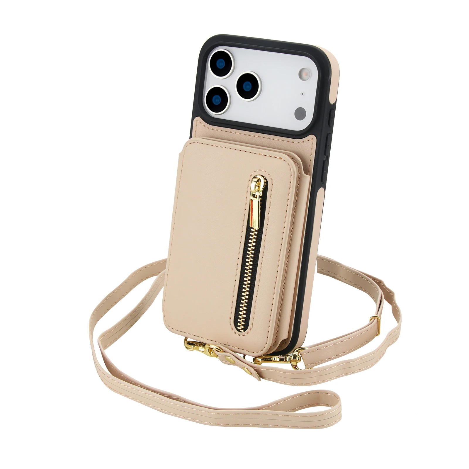 

Crossbody Zipper Wallet Purse Cards Solt Case for iPhone 17 Pro Max 16 15 Air Strap Long Lanyard Kickstand Flip Cover